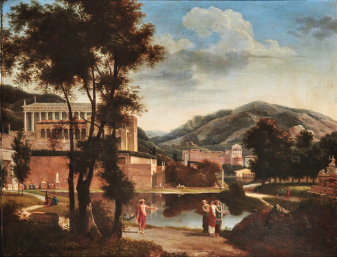 Jean-Pierre Péquignot, Palais dans un paysage de montagnes devant des architectures classiques.