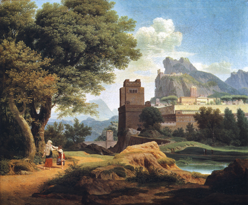 Jean-Pierre Péquignot, Paysage avec fabriques et deux personnages féminins sur un chemin